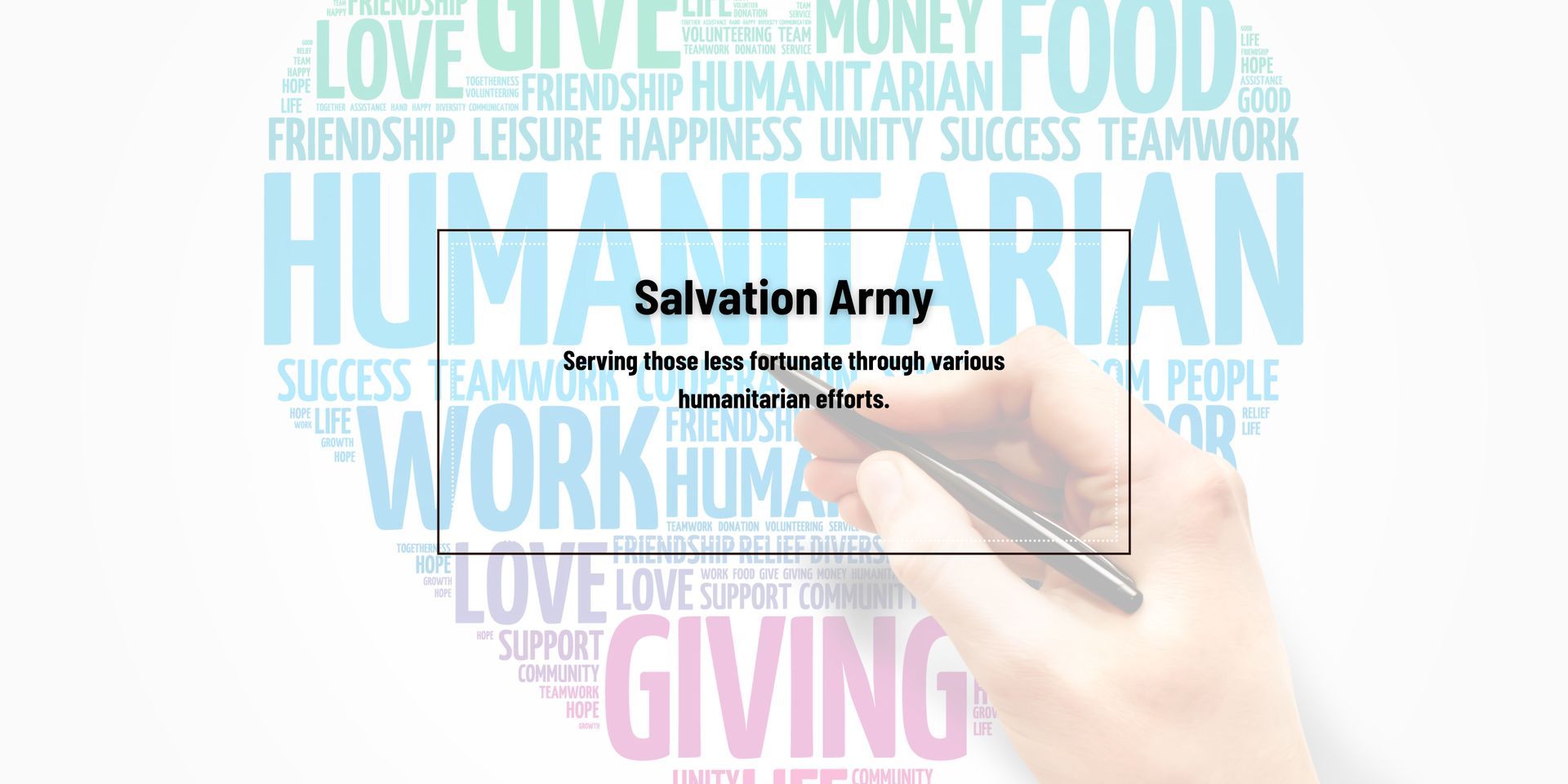 A hand is holding a pen in front of a word cloud that says salvation army.