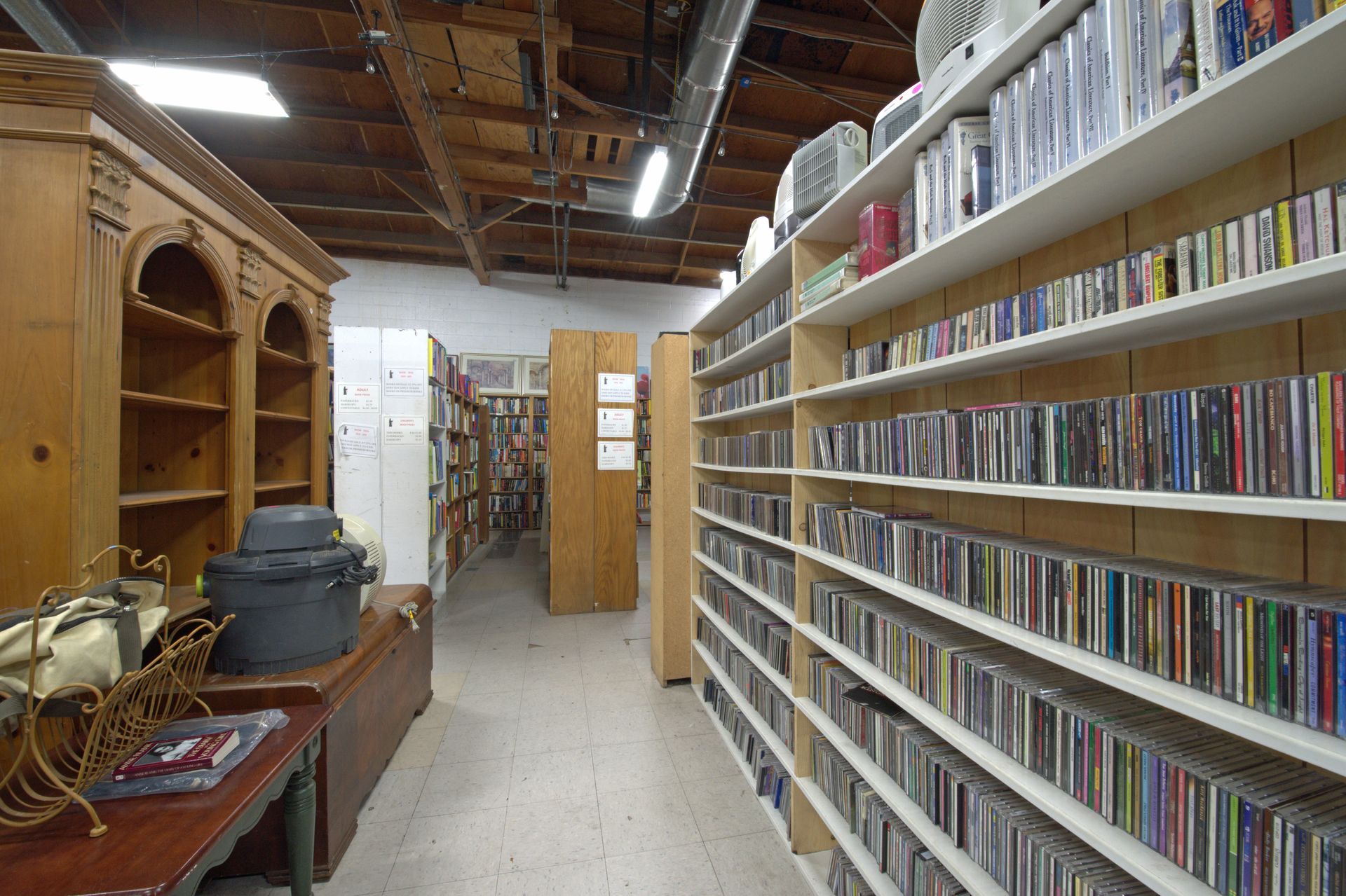 A library filled with lots of books and cds